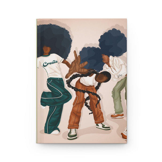Matte hardcover journal with a full wraparound print featuring three stylized characters dancing, with a focus on a character's hair, in a colorful and casual attire.